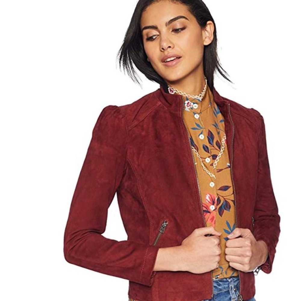 Lucky Brand suede puff sleeve jacket | Red | Size small - Picture 3 of 10